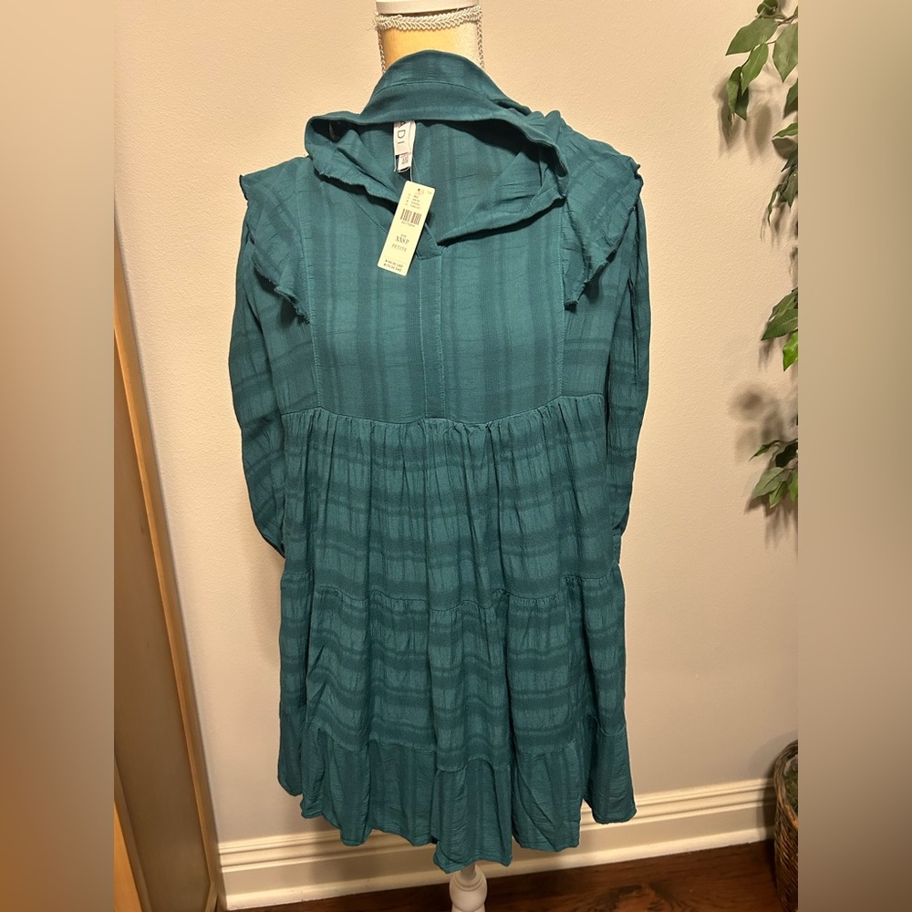 NWT Anthropologie Amadi Teal Ruffled Long Sleeve Dress Sz XXS Petite